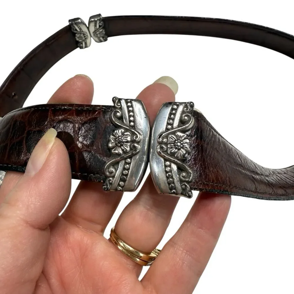 Vintage Reversible Leather Belt Brown Black Ornate Silvertone Embellishments L